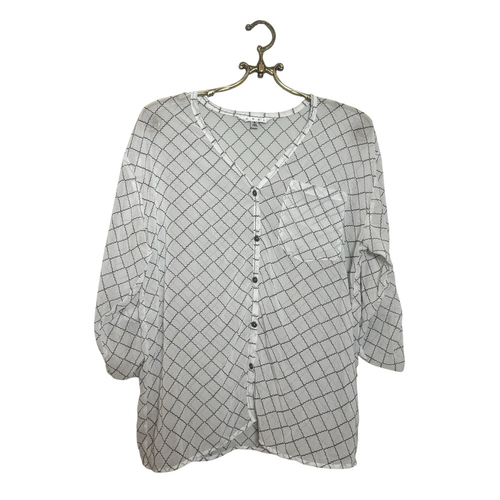 Cabi White Black Lattice Print Button Down V-Neck Roll Tab Blouse 740 Small
